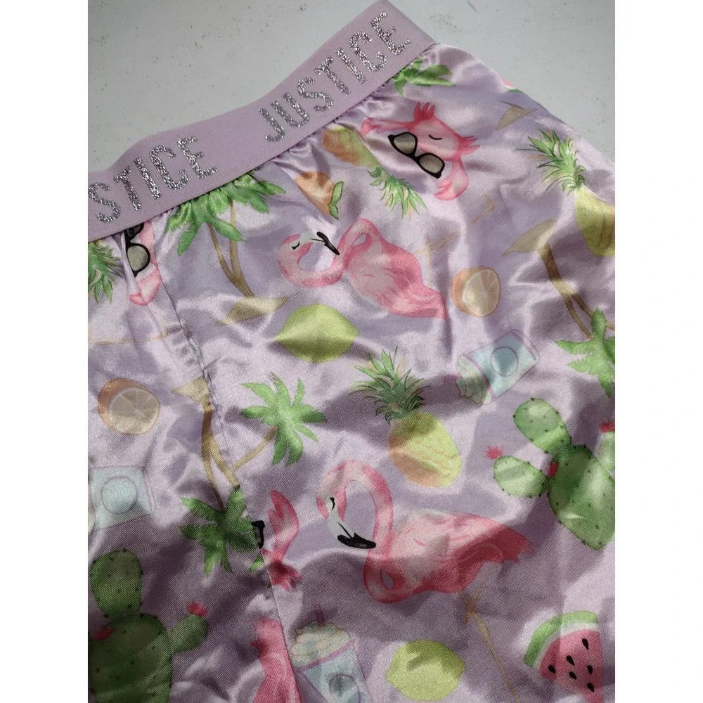 Justice Girls Lavender Tropical Flamingo Satin Pajama Shorts Size 14/16‎ Glitter